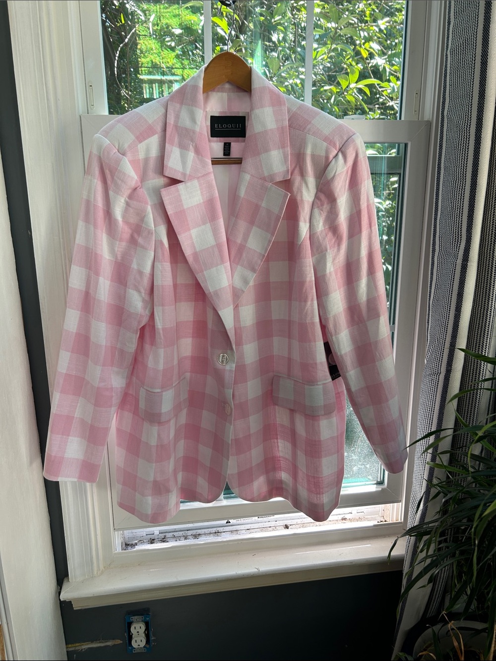ELOQUII Oversized Pink & White Plaid Gingham Blazer Jacket